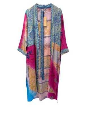 Vintage sarisilk Long kimono Pink/pastelblue mix Onesize