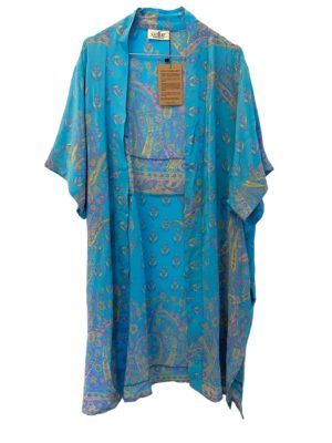 Vintage sarisilk short sleeve kimono, turqoise Onesize