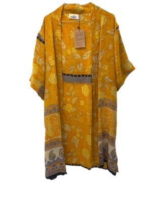 Vintage sarisilk short sleeve kimono, yellow floral Onesize
