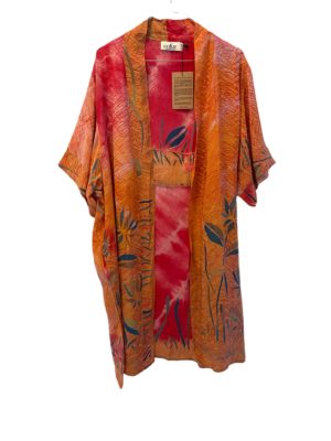 Vintage sarisilk short sleeve kimono,orange/pink Onesize