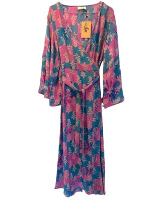 Vintage sarisilk Wrap dress M/L Blue/pink
