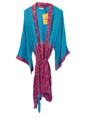 Vintage sarisilk short Dubai kimono Pink / Aqua
