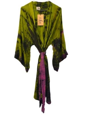 Vintage sarisilk short Dubai kimono Wasabi/purple dipdye