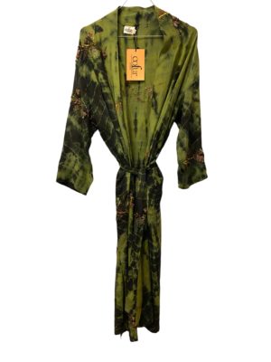 Vintage sarisilk Long kimono wasabi sequin dipdye